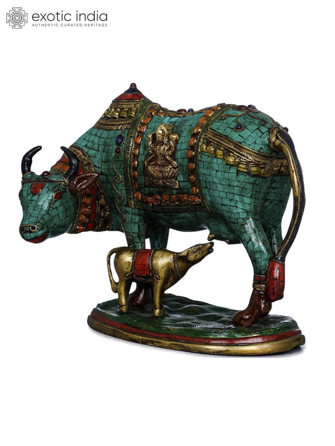 8" Cow and Calf - Lakshmi Ganesha Carved On Saddle In Brass | Handmade | Made In India