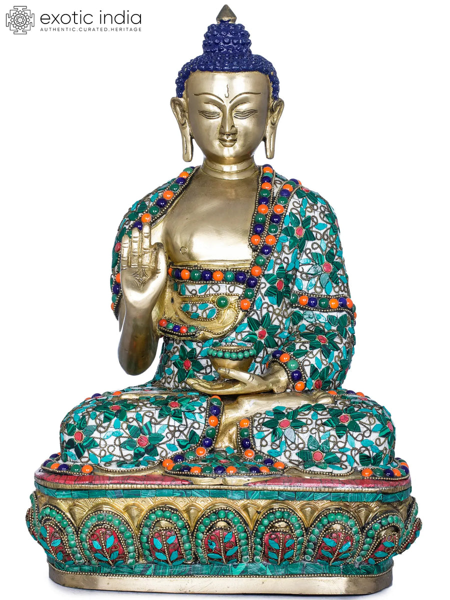 16" Handmade Buddha Brass Statue with Inlay Work