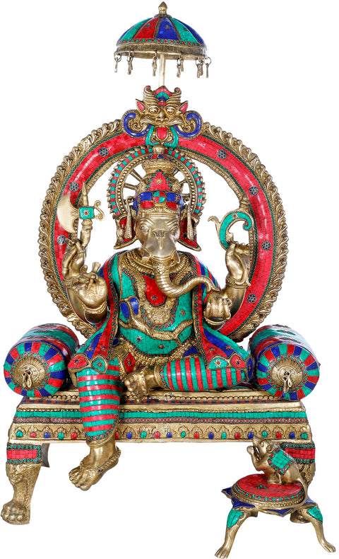 47" Lord Ganesha Seated On Royal Cushion Throne - Large Size In Brass | Handmade | Made In India
