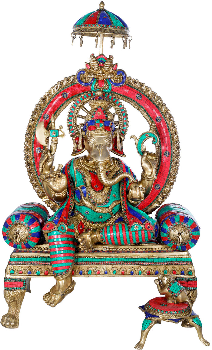 47" Lord Ganesha Seated On Royal Cushion Throne - Large Size In Brass | Handmade | Made In India