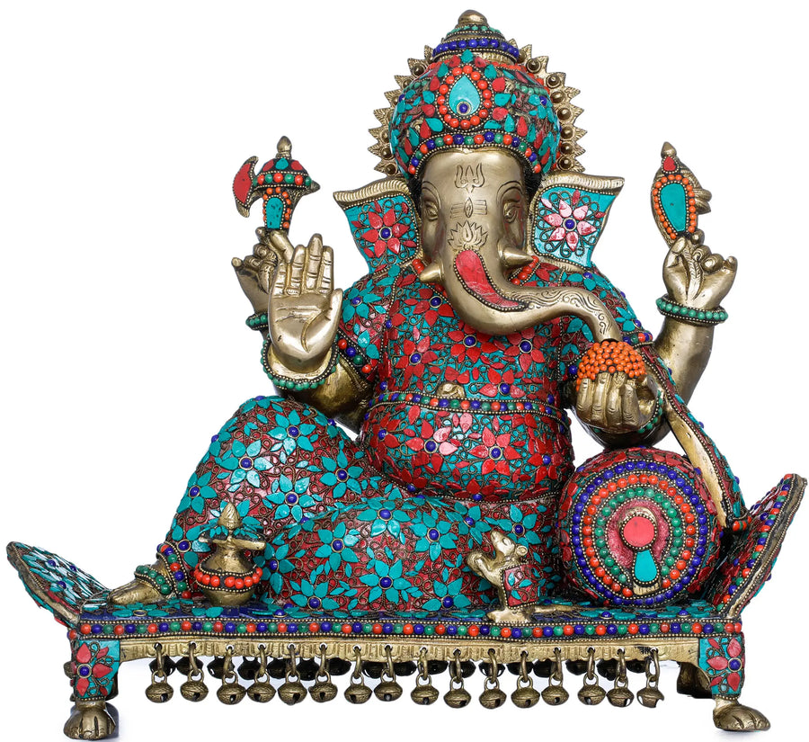 16" Brass Ganesha Idol Reclining Handmade Statue