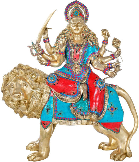 43" Large Ashtabhuja-dhari Simhavahini Goddess Durga In Brass | Handmade | Made In India