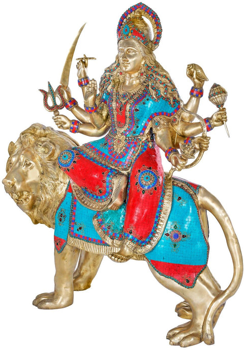 43" Large Ashtabhuja-dhari Simhavahini Goddess Durga In Brass | Handmade | Made In India