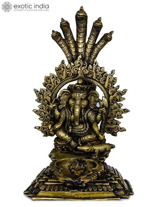 Lord Ganesha Brass Lamp with Five-Hooded Serpent Handle