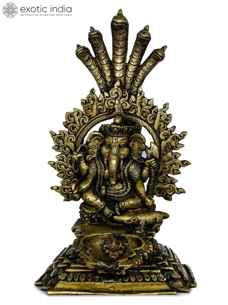 Lord Ganesha Brass Lamp with Five-Hooded Serpent Handle