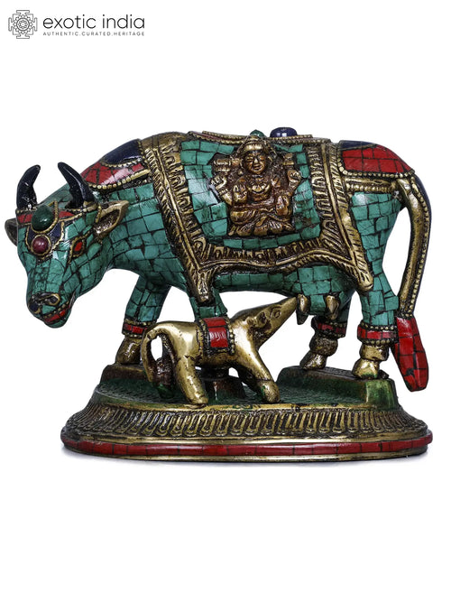 4" Handmade Brass Cow and Calf Statue