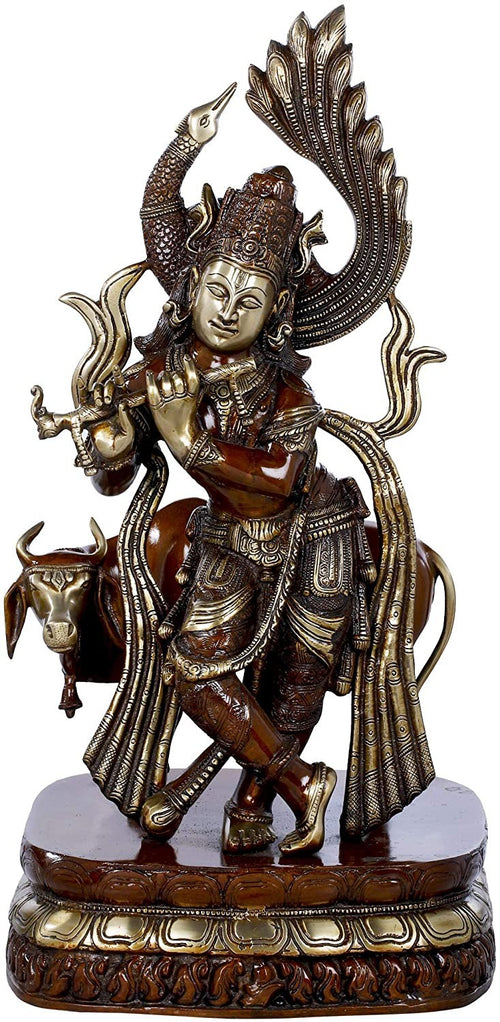 25" Handmade Brass Krishna Fluting with Peacock Halo and Surabhi Cow Statue
