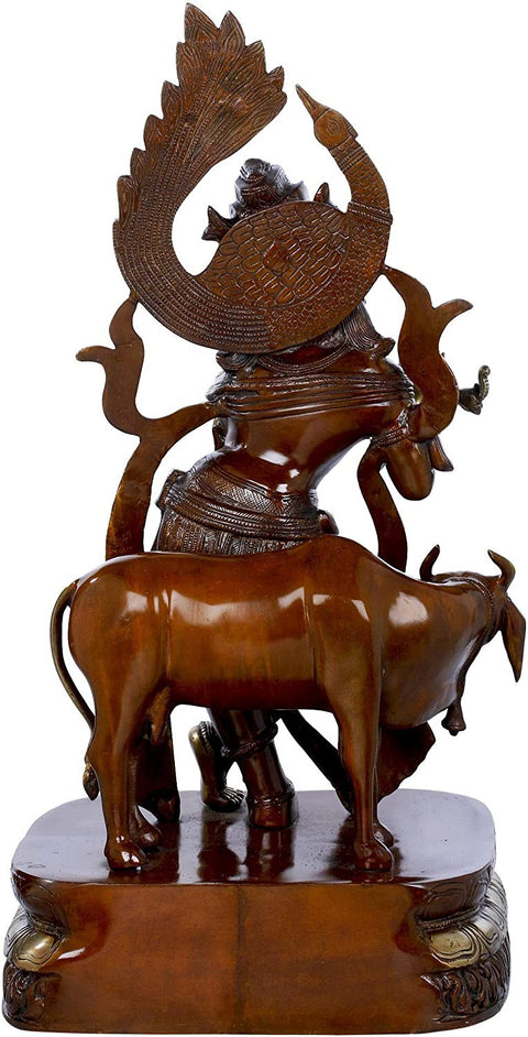 25" Peacock Haloed Krishna Fluting with Surabhi Cow in Brass | Handmade | Made In India