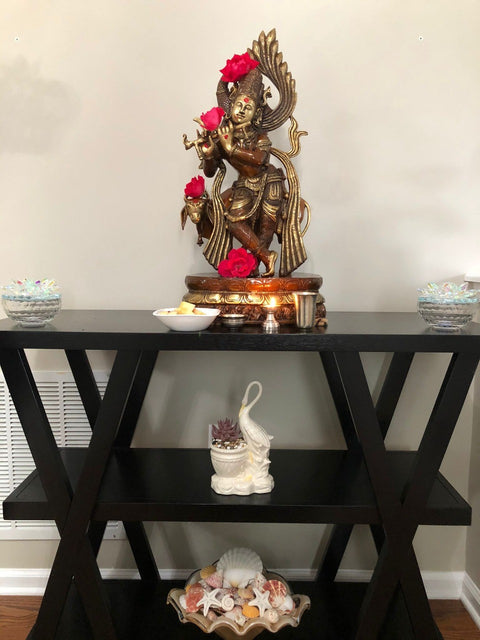 25" Peacock Haloed Krishna Fluting with Surabhi Cow in Brass | Handmade | Made In India