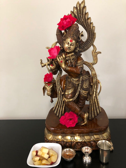 25" Peacock Haloed Krishna Fluting with Surabhi Cow in Brass | Handmade | Made In India