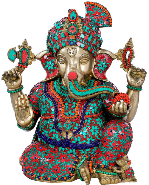 21" Turbaned Ganesha Brass Statue with Stone Inlay Handmade