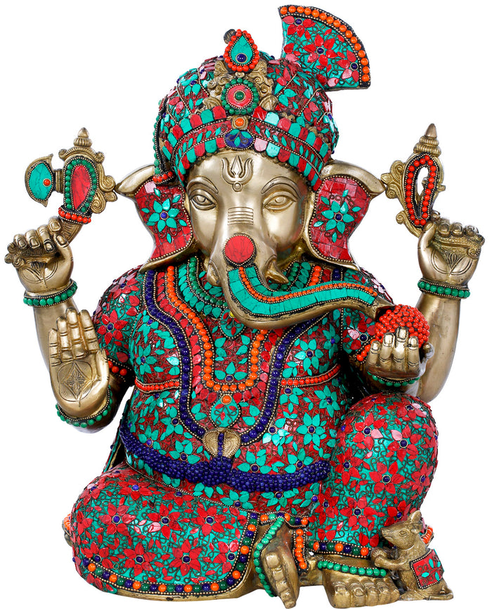 21" Turbaned Ganesha Brass Statue with Stone Inlay Handmade