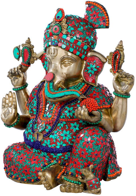 21" Turbaned Inlay Ganesha | Brass with Stone | Handmade | Made In India