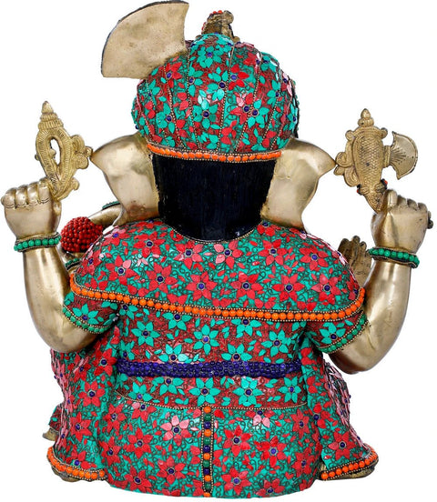 21" Turbaned Inlay Ganesha | Brass with Stone | Handmade | Made In India