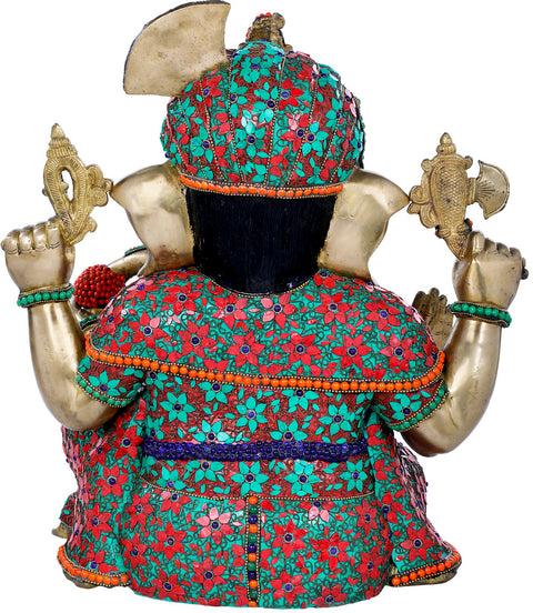 21" Turbaned Inlay Ganesha | Brass with Stone | Handmade | Made In India