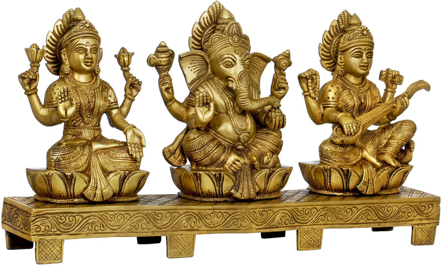 8" Lakshmi Ganesha Saraswati Brass Statue Handmade