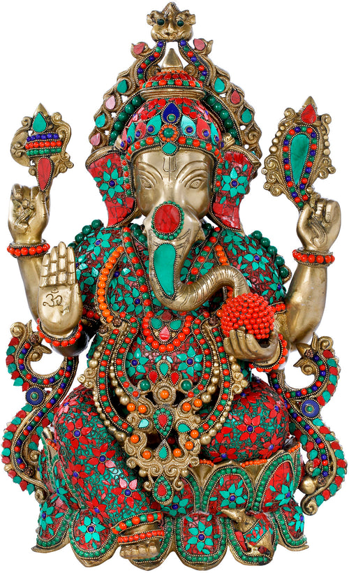 21" Four Armed Ganesha Brass Statue Seated on Lotus Handmade