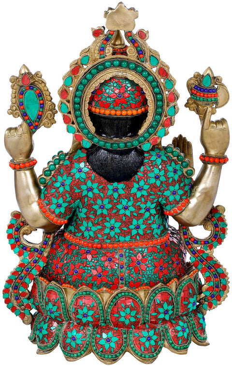 21" Four Armed Blessing Ganesha Seated on Lotus in Brass | Handmade | Made In India