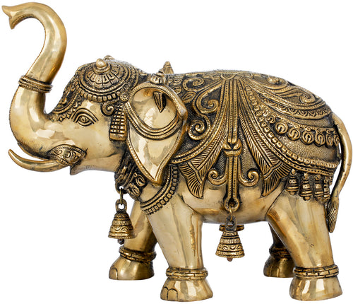Brass Decorated Elephant with Bells Statue for Home Decor