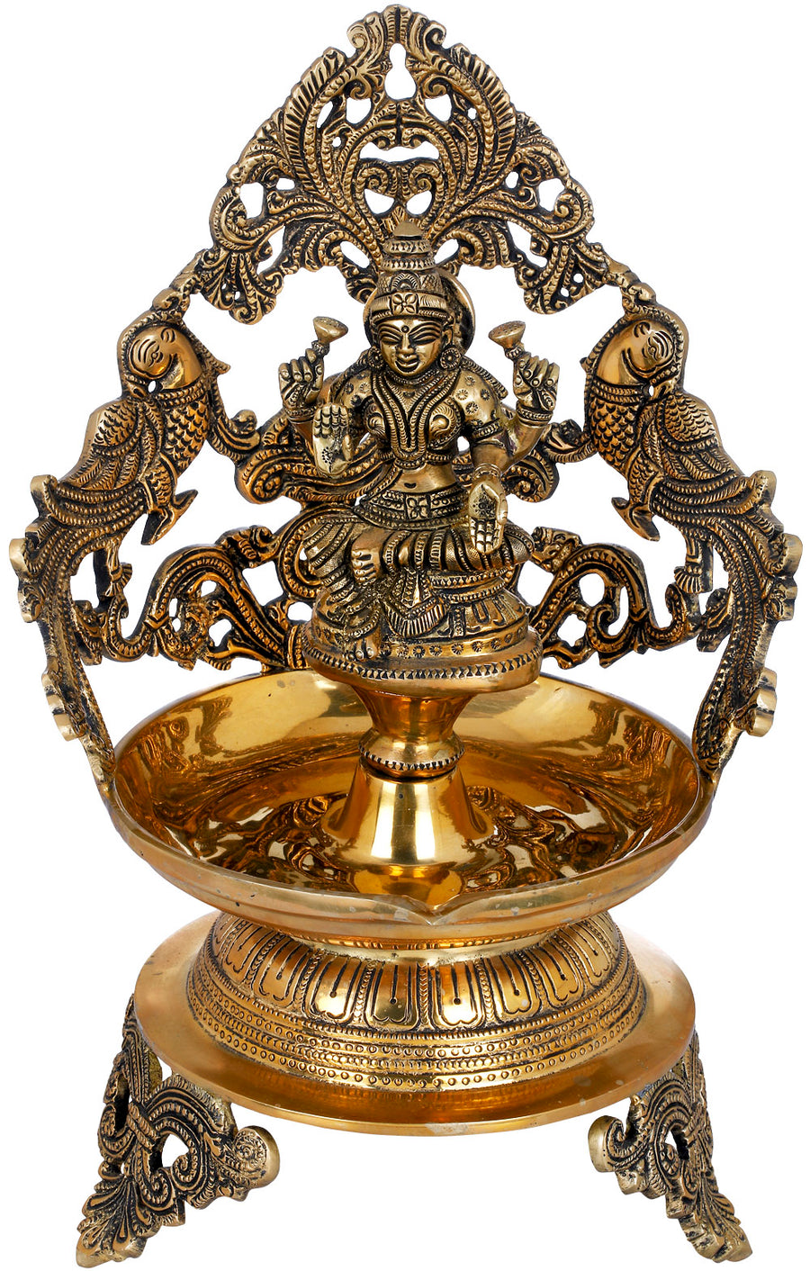 13" Brass Goddess Lakshmi Diya with Peacock Aureole Handmade