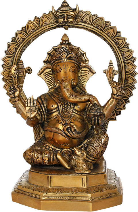 11" Seated Ganesha With Kirtimukha and Lotus Petals Aureole In Brass | Handmade | Made In India