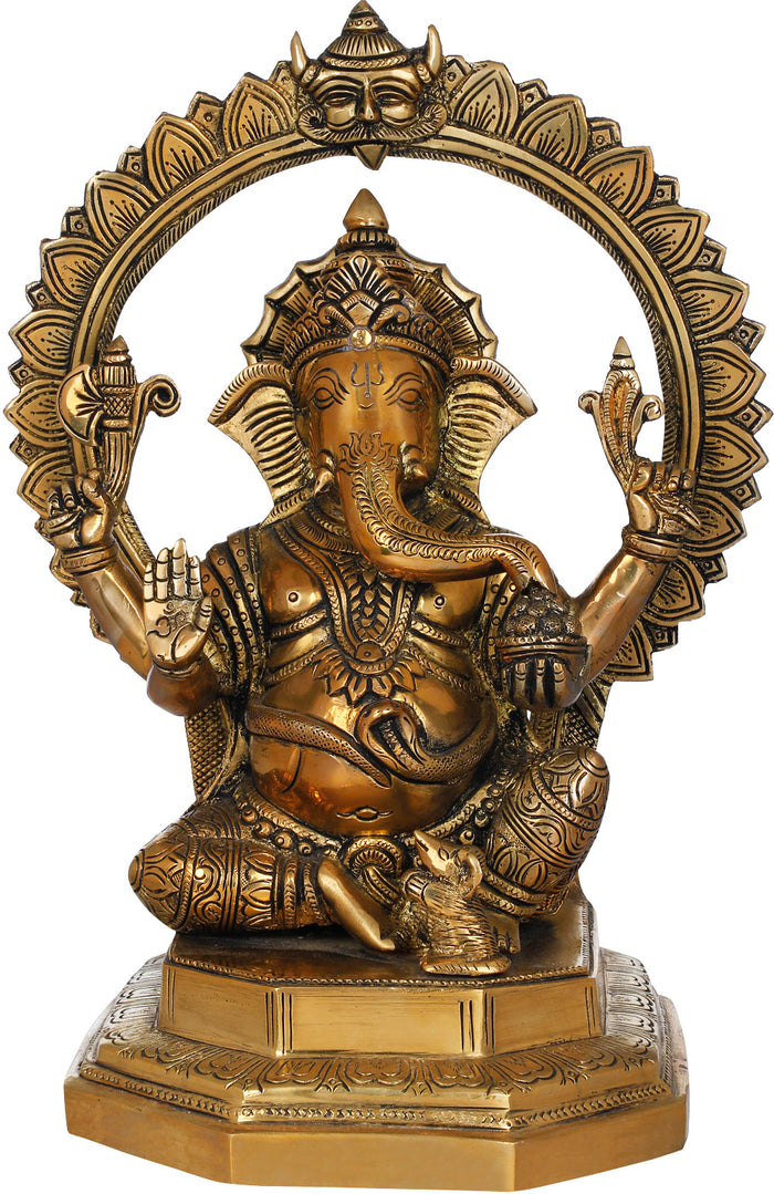 11" Seated Ganesha Brass Statue with Kirtimukha Aureole