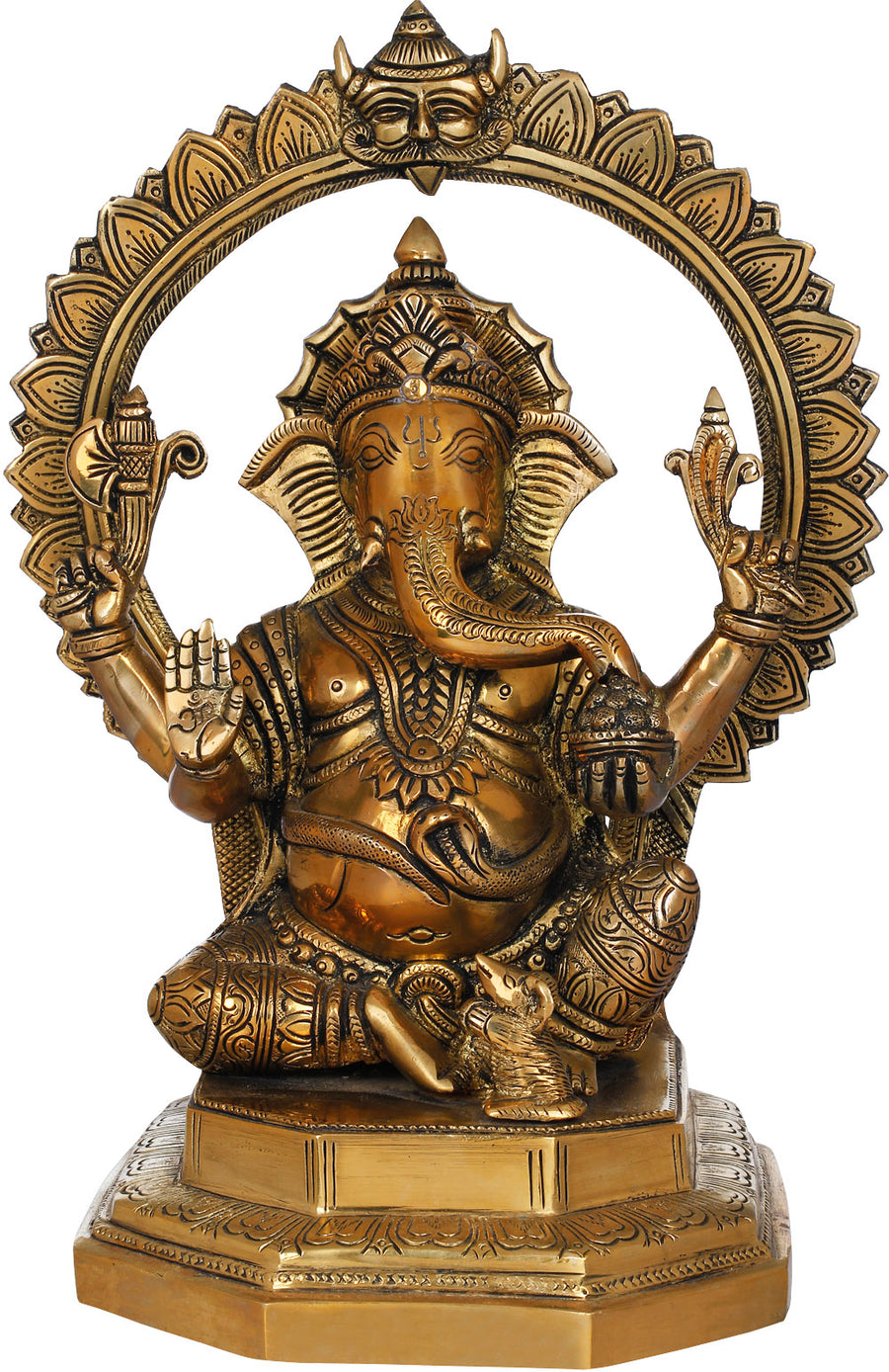 11" Seated Ganesha Brass Statue with Kirtimukha Aureole