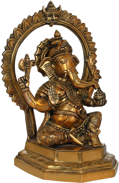 11" Seated Ganesha With Kirtimukha and Lotus Petals Aureole In Brass | Handmade | Made In India