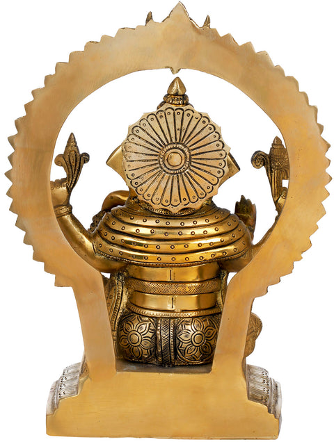 11" Seated Ganesha With Kirtimukha and Lotus Petals Aureole In Brass | Handmade | Made In India