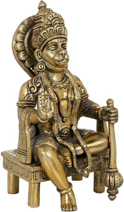 6" Hanuman Seated Brass Idol with Chowki Handmade