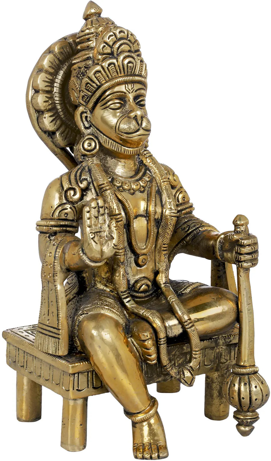6" Hanuman Seated Brass Idol with Chowki Handmade