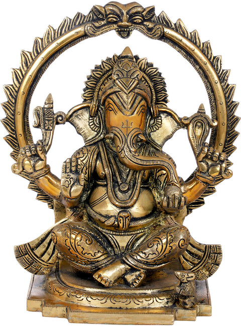 8" Chaturbhuja Seated Ganesha Brass Statue | Handmade | Made In India
