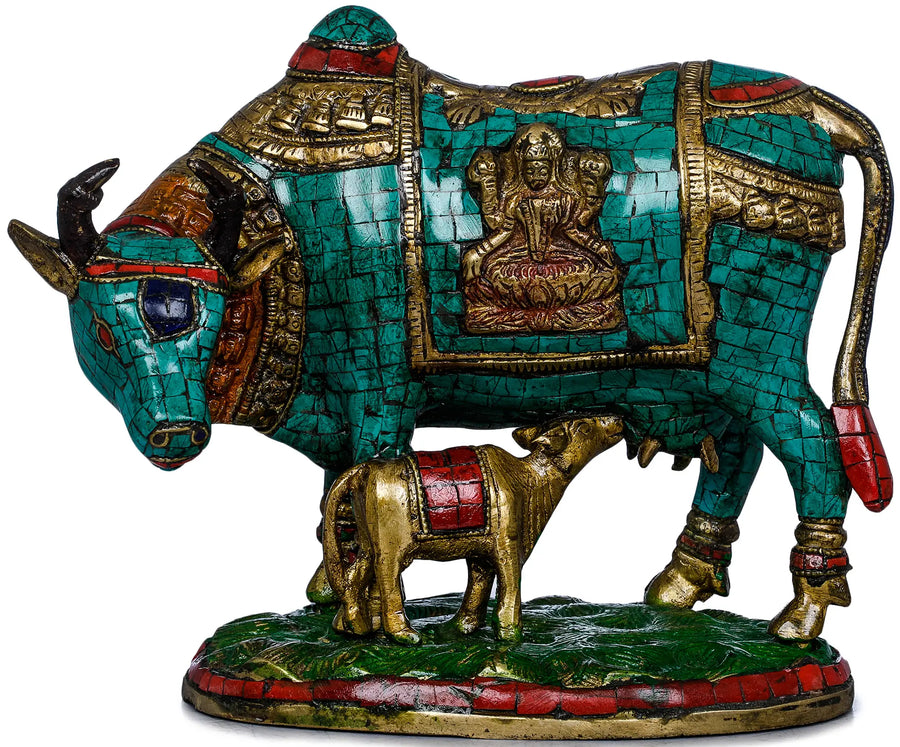 8" Handmade Brass Cow and Calf Statue for Home Decor
