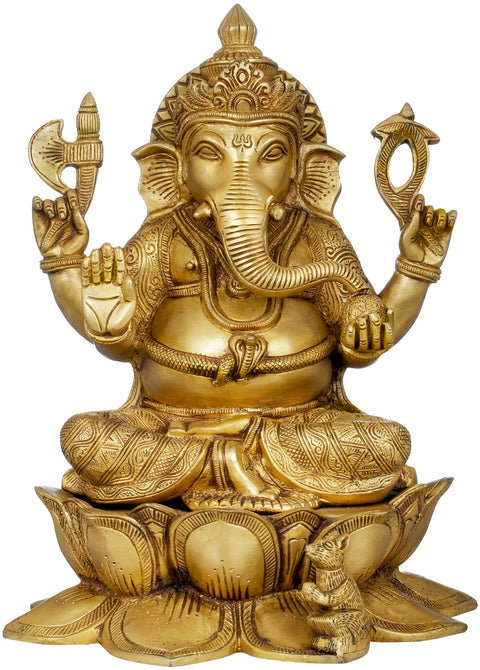 13" Lord Ganesha Seated on Lotus In Brass | Handmade | Made In India