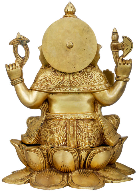 13" Lord Ganesha Seated on Lotus In Brass | Handmade | Made In India