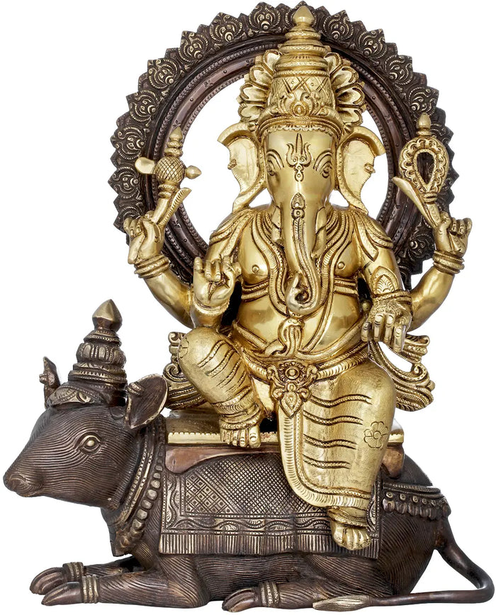 16" Handmade Crowned Ganesha Seated On Mouse Brass Statue