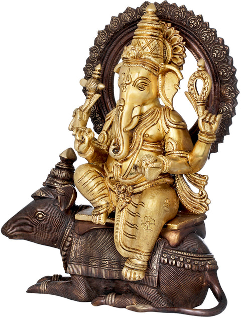 16" Crowned Ganesha Seated On His Mouse In Brass | Handmade | Made In India