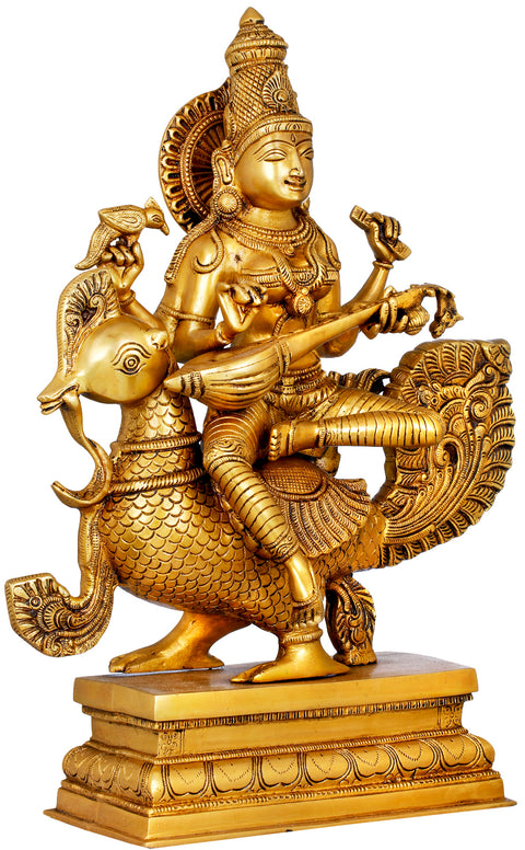 19" Enchanting Devi Saraswati Seated on Her Peacock | Handmade Brass Statue
