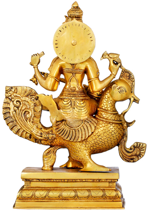 19" Enchanting Devi Saraswati Seated on Her Peacock | Handmade Brass Statue