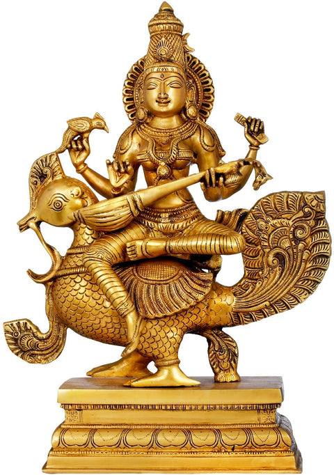 19" Enchanting Devi Saraswati Seated on Her Peacock | Handmade Brass Statue