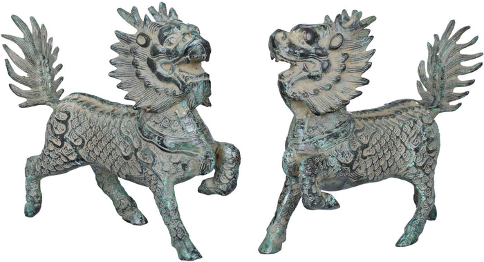 Pair of Brass Tibetan Buddhist Temple Lions Statue