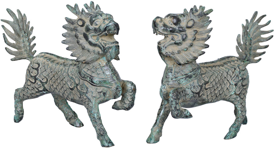 Pair of Brass Tibetan Buddhist Temple Lions Statue