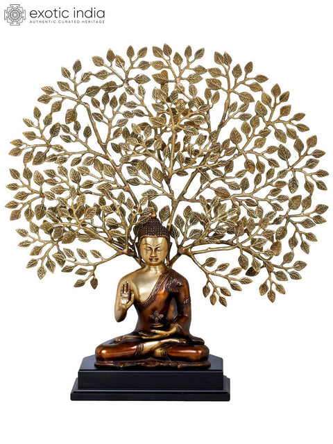 24" Tibetan Buddhist Seated Lord Buddha, The Elaborate Bodhi Tree in Background | Handmade | Made In India