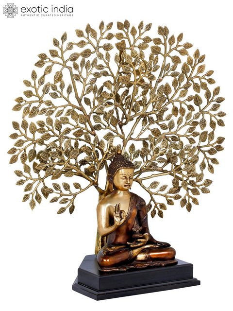 24" Tibetan Buddhist Seated Lord Buddha, The Elaborate Bodhi Tree in Background | Handmade | Made In India