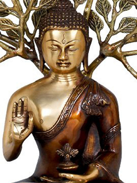 24" Tibetan Buddhist Seated Lord Buddha, The Elaborate Bodhi Tree in Background | Handmade | Made In India