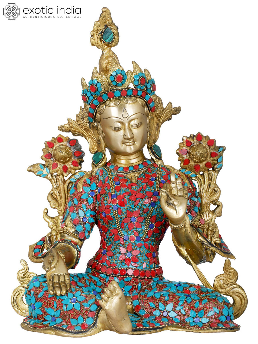 15" Green Tara Brass Statue Handmade Tibetan Buddhist Goddess