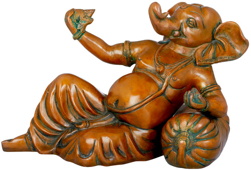 11" Handmade Ganesha With Mouse Brass Idol