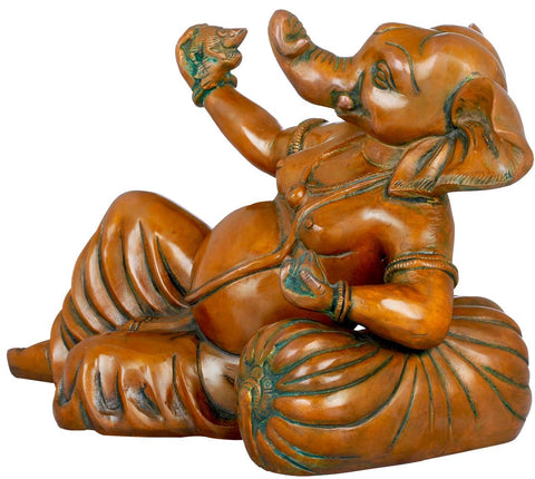 11" Ganesha in a Playful Mood With His Mouse In Brass | Handmade | Made In India