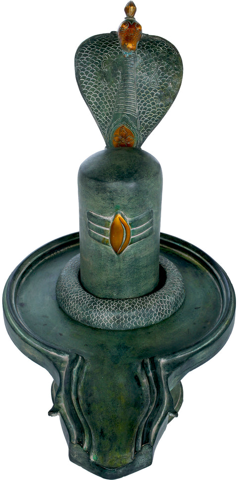 25" Shiva Linga with Shiva’s Snake Crowning It In Brass | Handmade | Made In India