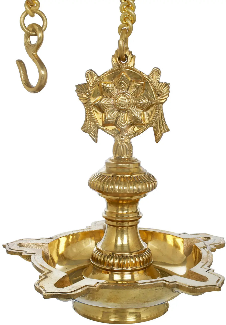 9" Brass Roof Hanging Lamp with Vaishnava Symbols Handmade